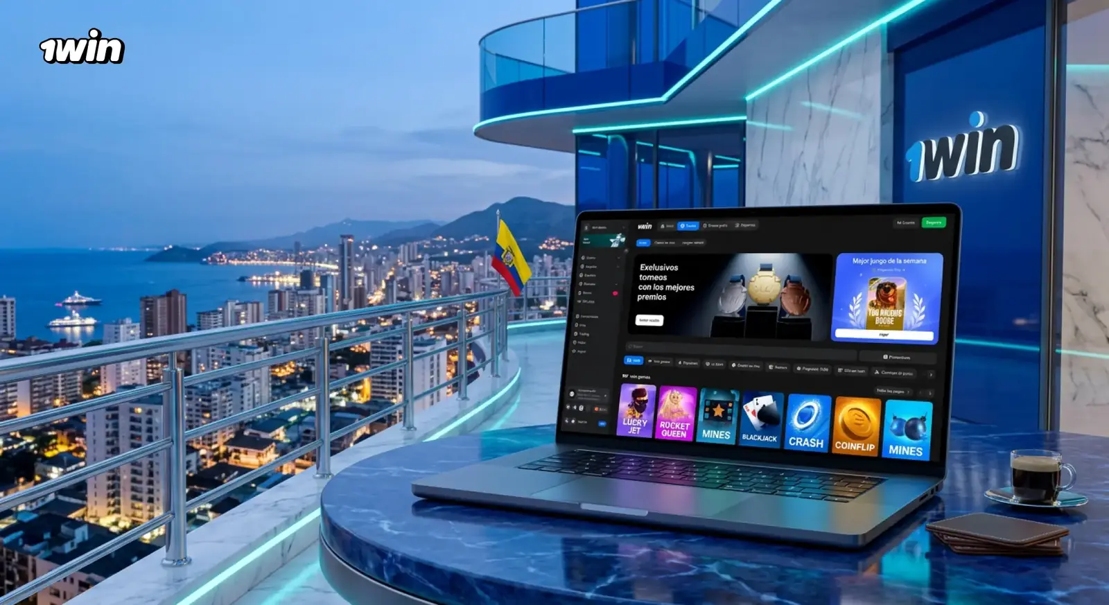 Laptop con el lobby de 1win en una terraza de noche con vista a la bahía iluminada y la bandera de Ecuador