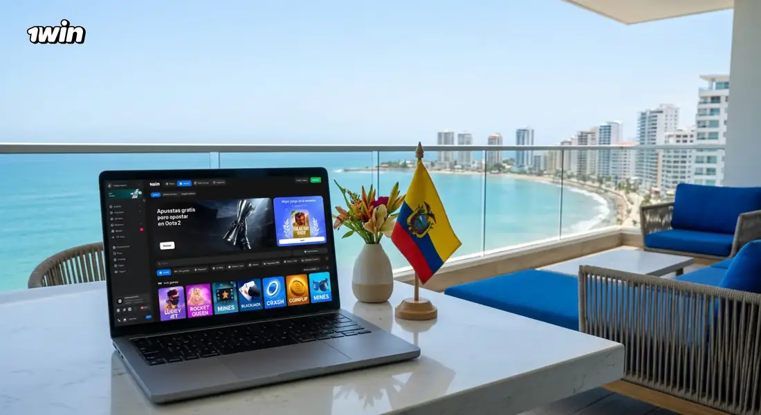 Laptop con 1win abierta en un balcón frente a la playa y los edificios de la costa ecuatoriana, junto a la bandera de Ecuador