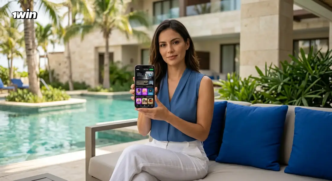Mujer junto a una piscina tropical que muestra la app de 1win en su celular