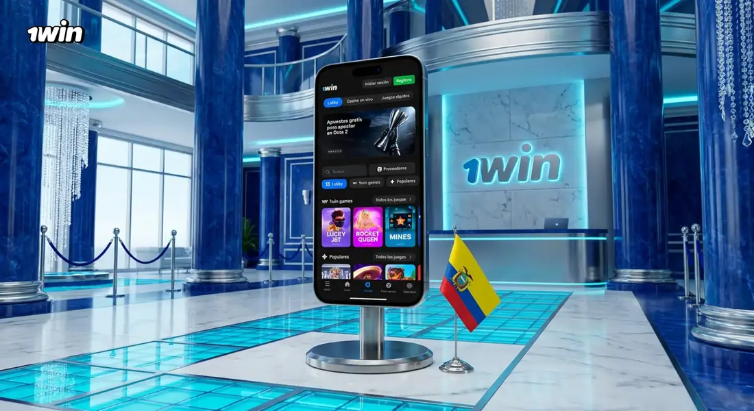 Celular con la app de 1win expuesto en un salón de mármol azul junto a la bandera de Ecuador